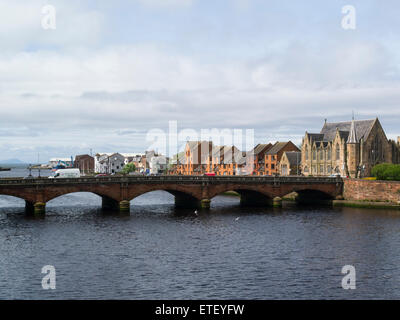 View to new road bridge across the River Ayr built 1878 to the Borderline Theatre and redeveloped dock area Ayr Scotland on lovely May day Stock Photo