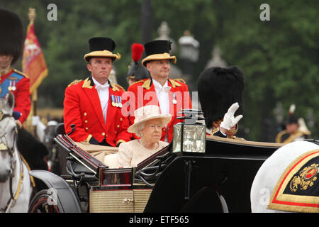 London, UK. 13th June, 2015. HM Queen Elizabeth II with Prince Philip, Duke of Edinburgh seen on a horse drawn carriage on their way to the Horse Guard Parade for the Trooping of Colour ceremony. Credit:  david mbiyu/Alamy Live News Stock Photo