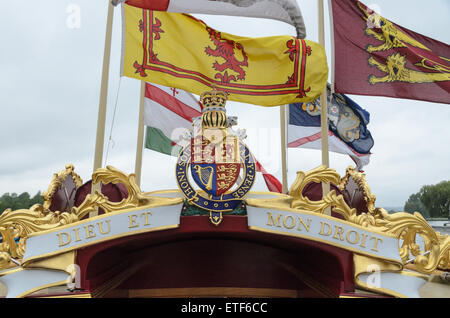 Cookham, Berkshire, UK. 13th June, 2015. Detail of The Queen's Row Barge Gloriana moored at Cookham Reach Sailing Club on Thames at Cookham, Berkshire, England, UK on 13 June 2015. Gloriana is taking part in a two day Flotilla from Hurley to Runnymede to commemorate the 800th anniversary of the sealing of the Magna Carta. Credit:  Michael Winters/Alamy Live News Stock Photo