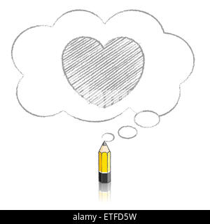 Yellow Lead Pencil with Reflection Drawing Heart Icon in Fluffy Cloud Shaped Think Bubble on White Background Stock Photo