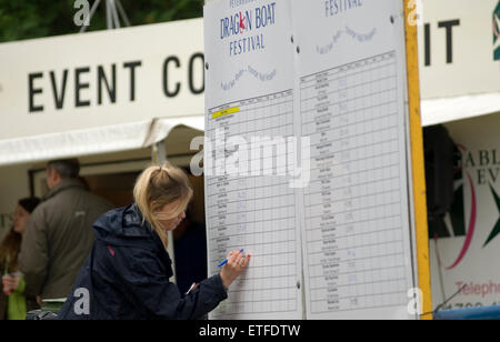 Peterborough England June 13th 2015: Wet weather does not stop play at the 17th  annual Charity Dragon Boat Festival in aid of Sue Ryder Thorpe Hall Hospice, visitors braved the rain to watch the action including one of the dragon boat's sinking. Credit: Clifford Norton/Alamy Live News Stock Photo