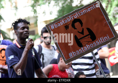 Bologna, Italy. 13th June, 2015. A banner with words 'against exploitation and against italian law Bossi-Fini during the protest of migrants against racism and exploitation - Freedom, not borders - on Saturday 13 Junel 2015, in Bologna. Credit:  Andrea Spinelli/Alamy Live News Stock Photo