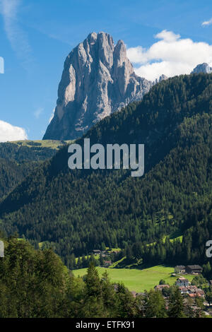 Peak of Sassolungo (Langkofel) from Ortisei (Sankt Ulkrich) in South Tyrol, Italy. Stock Photo