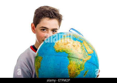 A Caucasian boy hidden a globe reveals only the eyes and part of the face Stock Photo