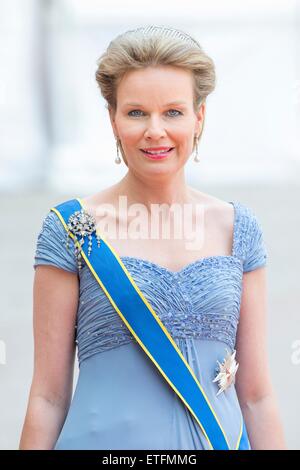 Stockholm, Sweden. 13th June, 2015. Queen Mathilde of Belgium arrives at the Royal Palace for the wedding of Prince Carl Philip and Sofia Hellqvist at the Palace Chapel in Stockholm, Sweden, 13 June 2015. Photo: Patrick van Katwijk/ POINT DE VUE OUT - NO WIRE SERVICE -/dpa/Alamy Live News Stock Photo