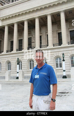 Michael Diegmann poses in Havana, Cuba, 03 June 2015. Diegmann is one of 400 people involved in the remodeling of El Capitolio, former parliamentary building and one of Havana's landmarks. The German entrepreneur has been operating with his company MD Projektmanagement in Cuba for almost two years. Photo: Isaac Risco/dpa Stock Photo