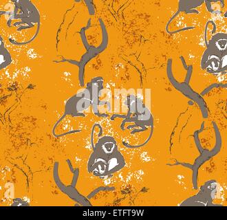 Abstract grungy seamless pattern. Trees and monkeys. Exotic forest motif background Stock Vector