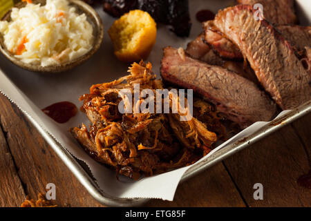 Homemade Barbecue Pulled Pork on a Platter Stock Photo