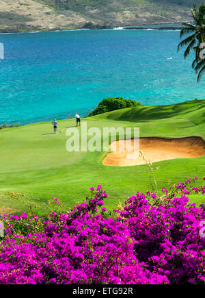 Flower lined Jack Nicklaus signature design 18-hole Kiele Course, Kauai Lagoons Golf Club, Kaua'i Marriott, Kalapaki Bay, Kaua'i Stock Photo