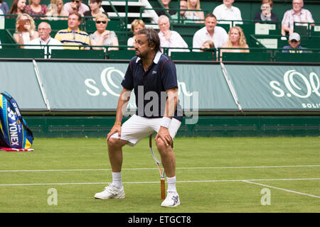 Halle Westfalen, Germany. 13th Jun, 2015.  Henri Leconte jokes around during his Champions' Trophy match at the start of the Gerry Weber Open. Stock Photo