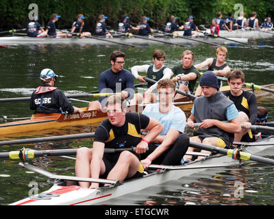Durham, UK. 13th June, 2015. Competitors waiting at the marshalling area during the 182nd Durham Regatta. Durham Regatta is the second oldest in the country, preceded only by Chester Regatta. Today, the regatta takes place over a 750m ‘short course’ on the scenic River Wear in Durham City, and regularly attracts in excess of two thousand competitors and ten thousand spectators from across the United Kingdom. Credit:  AC Images/Alamy Live News