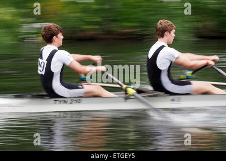 Durham, UK. 13th June, 2015. Competitors racing during the 182nd Durham Regatta. Durham Regatta is the second oldest in the country, preceded only by Chester Regatta. Today, the regatta takes place over a 750m ‘short course’ on the scenic River Wear in Durham City, and regularly attracts in excess of two thousand competitors and ten thousand spectators from across the United Kingdom. Credit:  AC Images/Alamy Live News