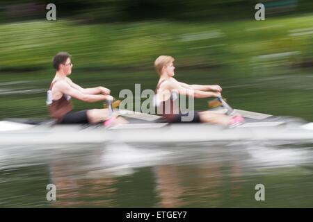 Durham, UK. 13th June, 2015. Competitors racing during the 182nd Durham Regatta. Durham Regatta is the second oldest in the country, preceded only by Chester Regatta. Today, the regatta takes place over a 750m ‘short course’ on the scenic River Wear in Durham City, and regularly attracts in excess of two thousand competitors and ten thousand spectators from across the United Kingdom. Credit:  AC Images/Alamy Live News