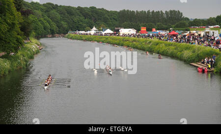 Durham, UK. 13th June, 2015. Spectators watching a race during the 182nd Durham Regatta. Durham Regatta is the second oldest in the country, preceded only by Chester Regatta. Today, the regatta takes place over a 750m ‘short course’ on the scenic River Wear in Durham City, and regularly attracts in excess of two thousand competitors and ten thousand spectators from across the United Kingdom. Credit:  AC Images/Alamy Live News