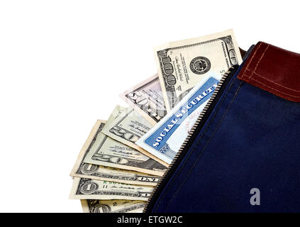 Money bag containing a social security card with US currency poking out of the bag. Stock Photo