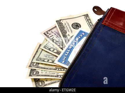 Money bag containing a social security card with US currency poking out of the bag. Stock Photo