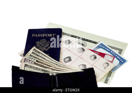 Passport, fingerprint card, driver's license, social security card and birth certificate isolated on white with a wallet and US Stock Photo