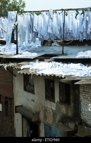Washed clothes drying on the roofs of houses at Mahalaxmi Dhobi Ghat open air laundromat, Mumbai, Maharashtra, India. Stock Photo