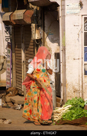 Woman in colourful sari walking past blue house in Jodhpur Stock Photo ...