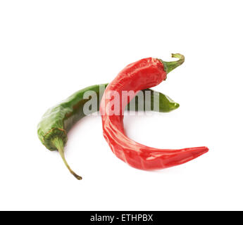 Red and green dried chili peppers Stock Photo