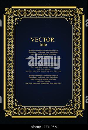 Gold ornament on deep blue background. Can be used as invitation card. Vector illustration Stock Vector