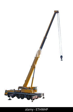 Yellow mobile crane truck isolated on white background Stock Photo - Alamy