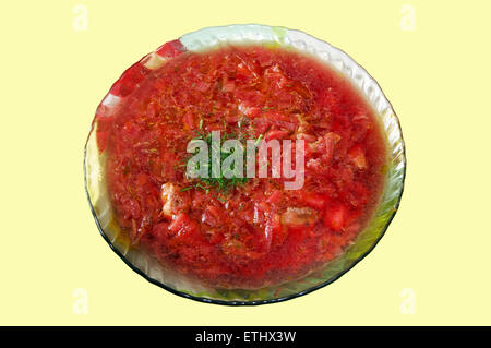 Ukrainian and russian national vegetable soup - red borsch in pate, close up Stock Photo