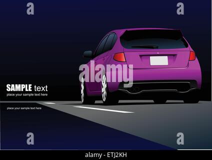 Rear side of purple car sedan on the road. Vector illustration Stock Vector
