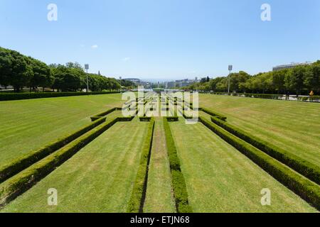 Eduardo VII park sloping downhill towards the Tagus river with great views of Lisbon city. Stock Photo