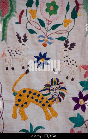 Embroidered textile depicting tigers. Rajasthan, India Stock Photo