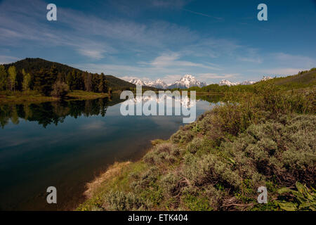 Mountains reflecting in the waters of Yellowstone Lake. Stock Photo
