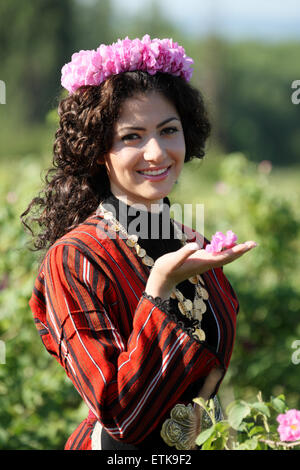 Rose Queen in traditional costume at Rose Festival Kazanlak Bulgaria Balkan Europe June 2015 Stock Photo