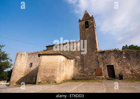 Sant Cugat de Ravós del Terri church and castle. Cornella de Terri. Stock Photo