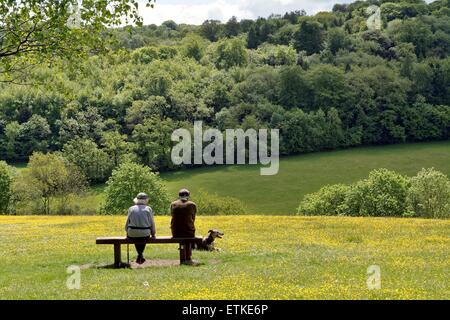 Elderly couple sitting on bench at Ranmore Common Surrey Stock Photo