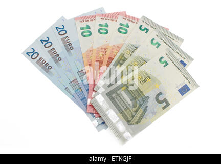 Fan of mixed Euro notes on white background. Stock Photo