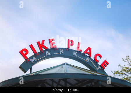 SEATTLE - MAY 9: Famous Pike Place market sign on May 9, 2014 in Seattle, WA. The Market opened in 1907. Stock Photo