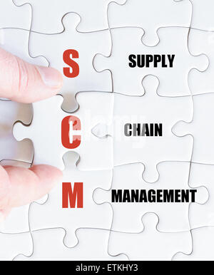 Hand of a business man completing the puzzle with the last missing piece.Concept image of Business Acronym SCM as Supply Chain Management Stock Photo