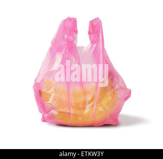 Bunch of Banana in Red Plastic Bag on White Background Stock Photo