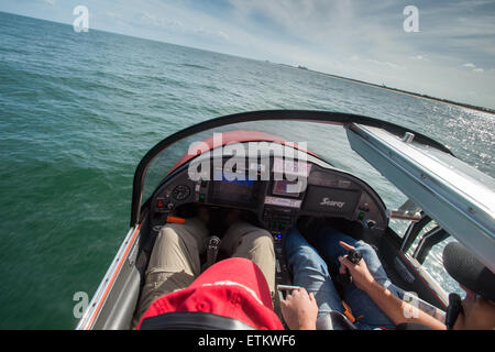 Instrument panel of seaplane while flying over water in Southeastern USA Stock Photo