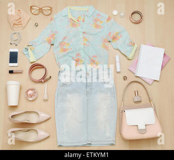 stylish casual set of clothes and accessories and stuff for urban woman in soft colors, fashion concept Stock Photo