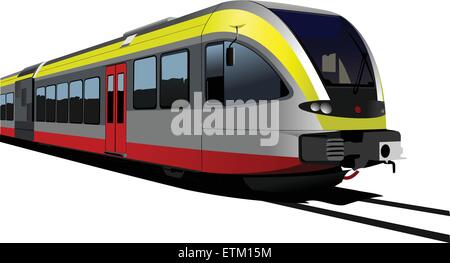 Gray-red-yellow modern speed bullet train. Fast suburban, subway, metro, commuter, hovercraft. Vector illustration. Stock Vector