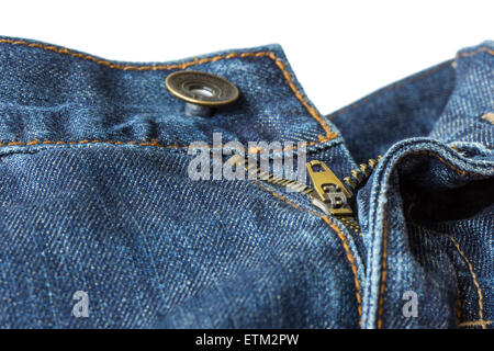 Close-up of open, unzipped and unbuttoned blue denim jeans isolated on white background Stock Photo