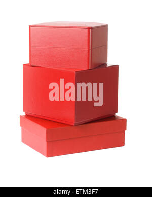 Stack of Red Gift Boxes on White Background Stock Photo