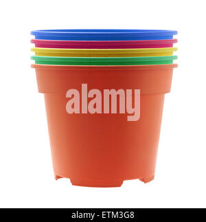 Stack of Colourful Plastic Flower Pots on White Background Stock Photo
