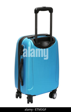 Blue Travel Bag with Wheels Standing on White Background Stock Photo