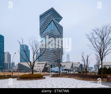 Distant corner elevation with context. G-Tower in Incheon, Incheon, Korea, South. Architect: HAEAHN Architecture, 2013. Stock Photo