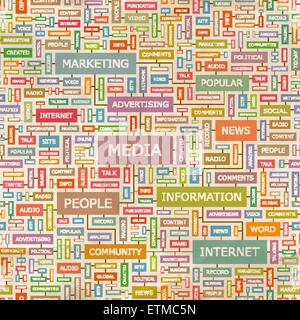 MEDIA. Seamless pattern. Concept related words in tag cloud. Conceptual info-text graphic. Word collage. Stock Vector