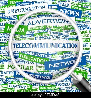 TELECOMMUNICATION. Word cloud illustration. Tag cloud concept collage. Stock Vector