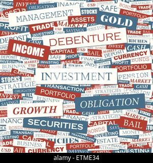 INVESTMENT. Seamless pattern. Concept related words in tag cloud. Conceptual info-text graphic. Word collage. Stock Vector