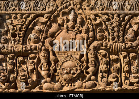 Uma Mahesvara relief on the lintel, Uma and Shiva riding on Shiva's White Buffalo, Prasat Muang Tam, Muang Tam, Khmer temple Stock Photo